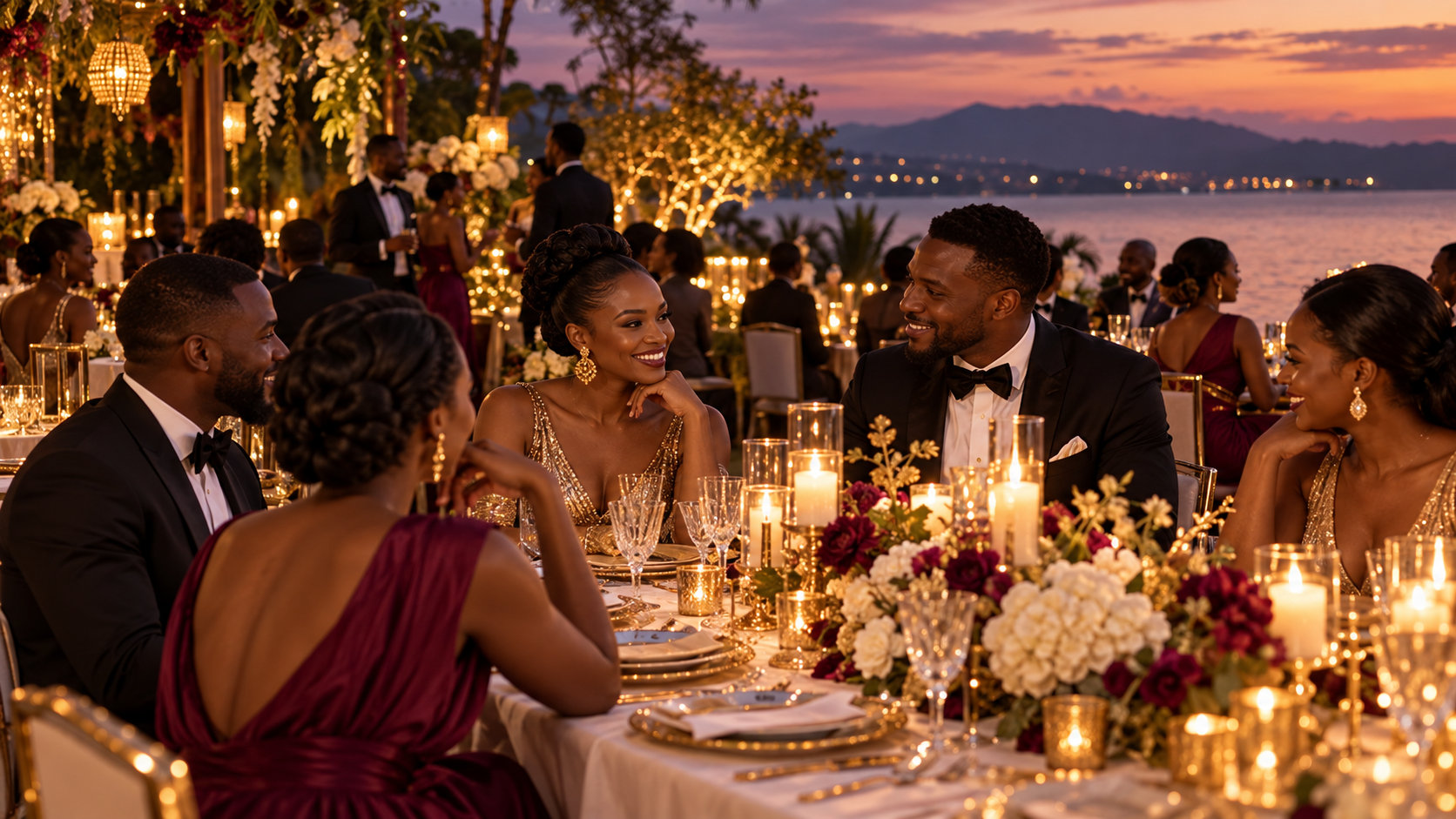 Guests celebrating at an elegant lakeside dinner